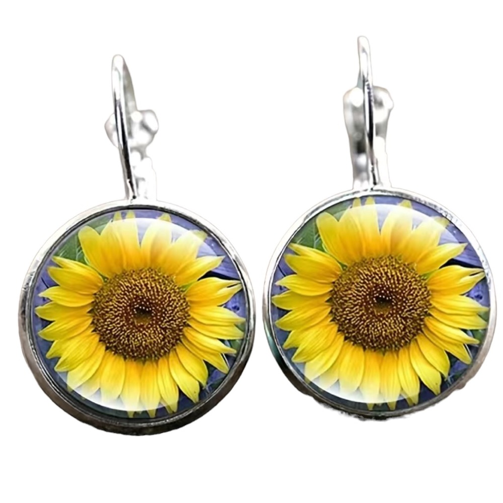 Round Sunflower and Bronze Drop Earrings
